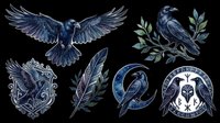 Dark blue raven and crow illustrations with wings spread, perched on branches, and decorative elements isolated on transparent background. Ready for t-shirt design, clipart, stickers, sublimation, and print-on-demand projects.