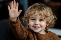 Adorable toddler with curly blonde hair waving hello in cozy brown sweater, smiling cheerfully at camera in warm indoor setting for family content.
