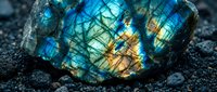 Stunning labradorite gemstone displaying vibrant blue and golden flash colors on dark volcanic rock surface. Natural mineral specimen for jewelry making.