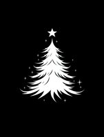 White silhouette of Christmas tree with star on top and sparkling elements on black background, isolated design element for holiday decorations.
