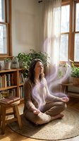 Young woman meditating in cozy home interior with plants and books, spiritual energy aura, mindfulness wellness lifestyle, peaceful morning routine.