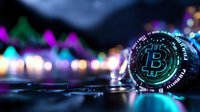 Digital bitcoin cryptocurrency coin with glowing neon holographic interface against blurred city lights background for fintech and blockchain technology concepts.
