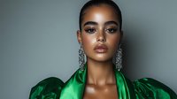 Young African American woman in luxurious emerald green satin dress and crystal chandelier earrings against gray background, fashion portrait with dramatic lighting and makeup.