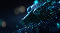 Digital particle wave forming abstract face silhouette against dark background with glowing blue bokeh lights, representing artificial intelligence and technology.