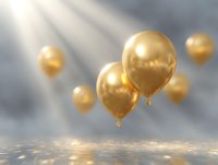 Metallic gold balloons floating against dramatic cloudy sky with reflective surface below creating ethereal celebratory atmosphere for festive occasions.
