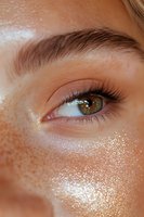 Close-up of green eye with glowing glitter makeup on dewy skin, long natural lashes and defined brow. Macro beauty shot highlighting shimmer and radiant complexion.