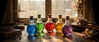Colorful glass bottles with cork stoppers containing bright liquids arranged on wooden table near window with natural light creating magical atmosphere.