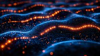 Abstract digital landscape with glowing orange light trails flowing across blue particle waves, creating futuristic technology visualization for backgrounds.