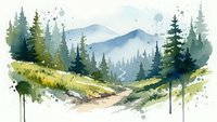 Watercolor mountain landscape with winding path through evergreen forest, featuring soft blue peaks and natural wilderness scenery for outdoor adventure themes.