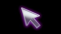 Glowing purple neon cursor arrow pointer with bright luminous effect on black background for digital interface design and web graphics.