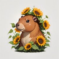 Adorable capybara surrounded by bright yellow sunflowers and green leaves on light background, cute animal art illustration for children decor and design.