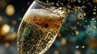 Champagne glass with golden bubbles and sparkling bokeh lights creating festive celebration atmosphere for New Year party events.