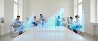 Business team analyzing holographic financial data charts and graphs in modern office conference room for strategic planning and growth analysis.