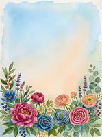 Watercolor floral border with peonies, roses, and lavender on a soft pastel background, perfect for greeting cards, invitations, and stationery.