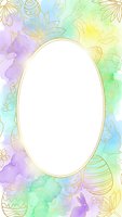 Watercolor Easter frame with golden egg outlines and floral elements on pastel rainbow background. Oval white space for text or design elements.