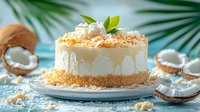 Tropical coconut cream cake with shredded coconut topping and fresh mint garnish on light blue background, surrounded by palm leaves and coconut shells.