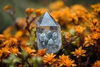 Clear quartz crystal point surrounded by vibrant orange wildflowers in natural sunlight, creating mystical atmosphere for spiritual and wellness concepts.