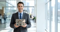 Professional Caucasian businessman in suit holding miniature house model in modern office lobby, real estate investment concept for marketing materials.