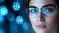 Close up portrait of young woman wearing glasses against dark background with glowing blue bokeh lights creating magical atmosphere and modern aesthetic.