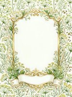 Ornate botanical frame with golden scrollwork and delicate herb illustrations, featuring blank banner for text overlay, ideal for invitations, certificates, and decorative design projects.