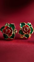 Elegant rose-shaped earrings with red enamel petals and green leaves on gold setting against rich burgundy background for luxury jewelry advertising.