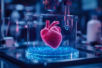 Bioprinted anatomical heart model glowing pink in transparent container with blue liquid in futuristic laboratory setting.