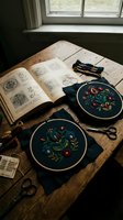 Traditional embroidery hoops with colorful floral patterns on dark fabric, crafting supplies and pattern book on wooden table by window for handmade projects.