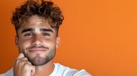 Young Hispanic man with curly hair and beard smiling confidently against orange background, hand on chin in thoughtful pose. Modern lifestyle portrait for business and personal branding.
