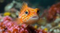 Vibrant orange rockfish with spiky fins and large expressive eyes swimming near coral reef, macro underwater photography showing detailed facial features and texture.