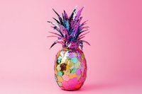 Vibrant holographic pineapple with iridescent rainbow colors and glitter crown leaves against pink background, modern pop art style tropical fruit decoration.
