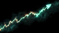 Glowing neon green and gold financial chart arrow moving upward on dark background showing market growth trend and business success concept.