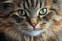 Close up macro portrait of long-haired tabby cat face with striking green eyes and detailed fur texture showing whiskers and nose in warm lighting.