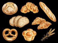 Assorted fresh baked bread, rolls, croissants, pretzel, and wheat isolated on transparent background. Ready for bakery designs, menus, t-shirts, and print-on-demand products.