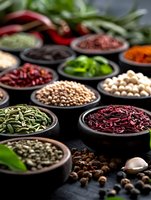 Assorted legumes, beans, and spices in black ceramic bowls on dark background, fresh herbs and ingredients for cooking healthy vegetarian food. Food photography.