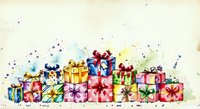 Colorful gift boxes with ribbons and bows arranged in a festive pile with watercolor splashes and confetti, perfect for holiday, birthday, and celebration designs.