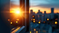 Dramatic sunset view through window with city skyline silhouette and bokeh lights creating atmospheric urban scene. Golden sun reflection on glass adds depth and warmth.