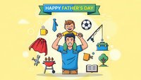 Father carrying son on shoulders celebrating paternal bond with hobby icons including fishing rod, soccer ball, grill and tools on yellow background.