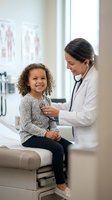 Female pediatrician examining happy mixed race girl with stethoscope during medical checkup in modern clinic office for healthcare consultation.