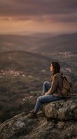Woman with dark hair and backpack sitting on rocky outcrop overlooking valley landscape at sunset, contemplating distant mountains and villages below during golden hour travel adventure.