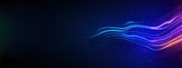 Glowing neon waves with blue and purple light streaks flow across dark background creating dynamic motion effect for technology and data visualization designs.