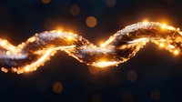Glowing golden light spiral with sparkles and bokeh effects against dark background creates magical energy flow pattern for abstract design projects.