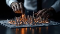 Glowing miniature city model with illuminated skyscrapers and buildings on dark background, while hands interact with urban planning architectural layout.