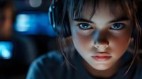 Young woman with striking blue eyes and brown hair illuminated by soft blue light, creating dramatic portrait with cinematic mood for creative projects.