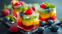 Colorful layered fruit dessert with fresh berries, kiwi, and mango in glass cups on dark slate background, garnished with mint leaves and blueberries.