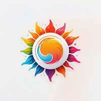 Vibrant rainbow sunflower logo with spiral wave center and colorful gradient petals on light background, isolated design element for branding and creativity.
