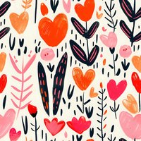 Romantic seamless pattern with hearts and flowers in coral, pink and navy blue on cream background. Repeating floral design for fabric, wallpaper and wrapping paper.