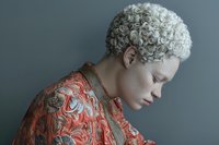 Young albino male model with curly white hair in profile view wearing ornate coral and silver baroque pattern jacket against blue-gray background, artistic portrait.