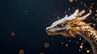 Close-up of a golden dragon head with sparkling particles and bokeh lights against dark background, suitable for fantasy, gaming, and decorative design projects.