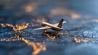 Miniature passenger airplane flying over glowing city lights at dusk, creative tilt-shift photography effect creates dreamy atmosphere for travel concepts.