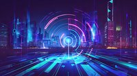 Futuristic cyberpunk cityscape with glowing neon circles and digital interface elements in blue and purple colors against urban night skyline background.